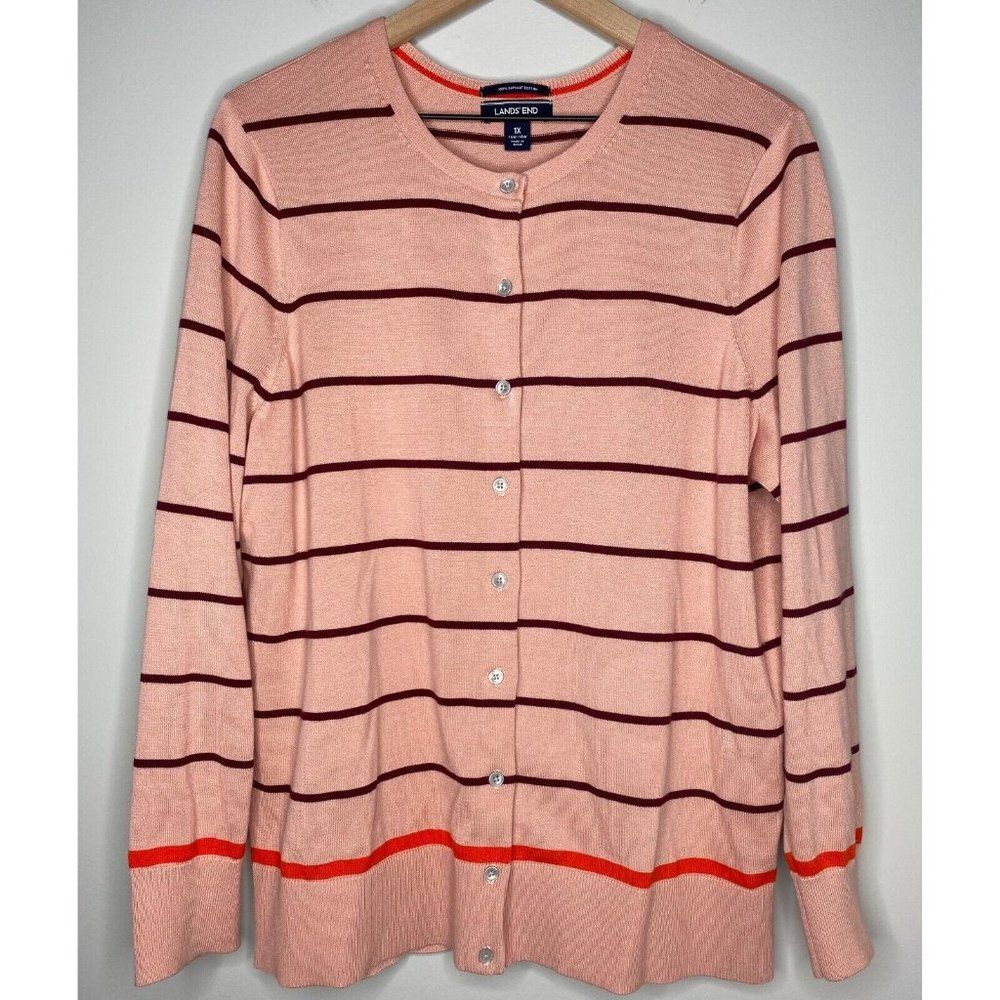 Lands End Supima Cotton Cardigan Womens Plus Sz 1X Pink Striped Sweater